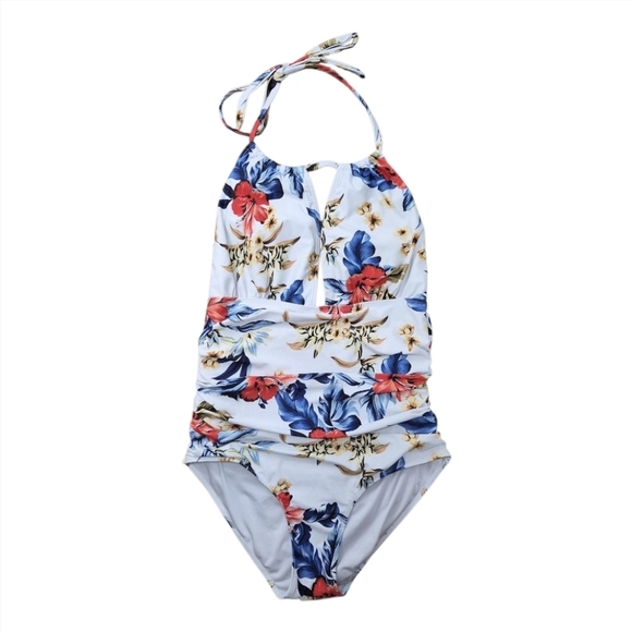 Floral White One-Piece Ruched Swimsuit – Size Large - Picture 3 of 13